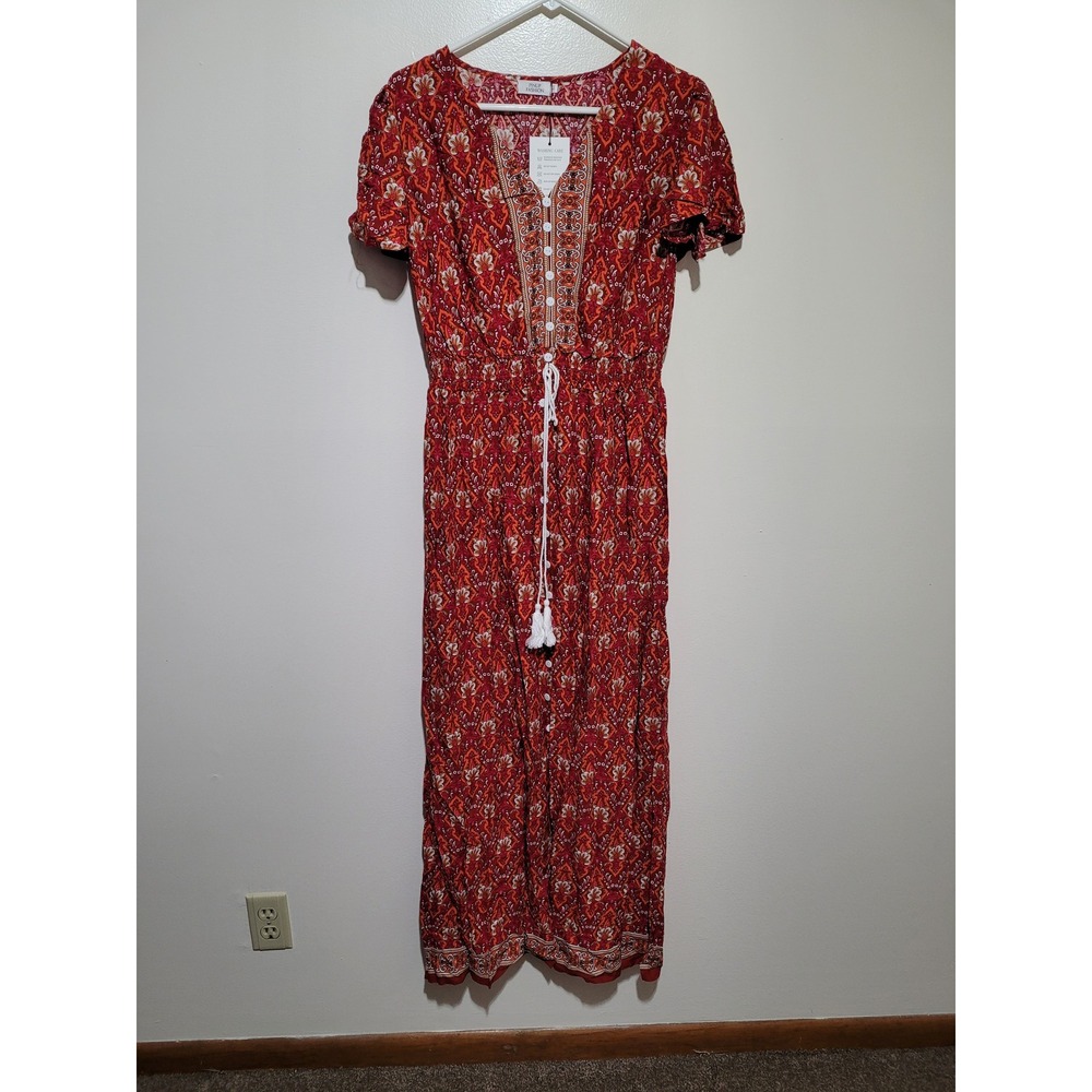 NWT Pinup Fashion Maxi Dress Womens 14W Red Boho Paisley Short Sleeve Bohemian